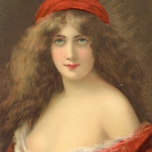 Angelo Asti artiste signée ancienne carte postale des années 1900 utilisée femme victorienne cheveux longs bruns coupe basse robe rouge Art lithographie carte photo