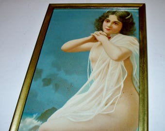 Nude Goddess Mythical Water Nymph Antique 1900 Half Yard Long Framed Picture Wall Hanging Fantasy Subject