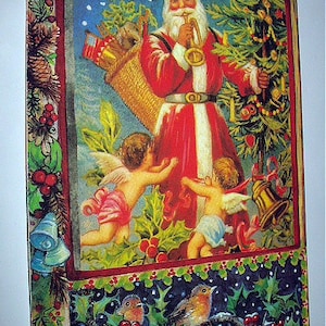 German Postcard 1980s Used Merry Santa Claus Cherub Angels Decorative Fir Tree