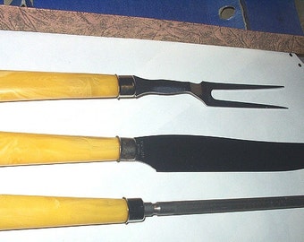 Kitchen Utensils Vintage Bakelite Catalin 3 Piece Set of Unused Butterscotch Yellow Handles Utensil Carving Fork Knife and Sharpener