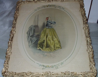 Victorian Lady Fancy Gold Gown Artist A Pingot Original Antique Passe Temps Des Dames Large Ornate Gesso Gilt Frame Very Heavy Thick Glass