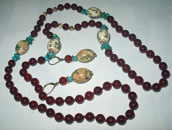 Cherry Red Catalin Beaded Necklace Turquoise Ston… - image 2