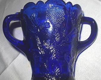 Cambridge Cobalt Blue Spooner Inverted Strawberry Design Double Handle Vintage Vase Sugar Bowl Vase Beautiful Hand Pressed Glass