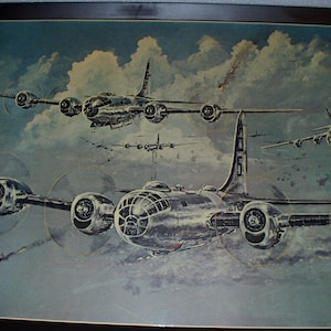 US WW11 Militär B29 Superfortress Flugzeug Bomber Soldaten Kampf Luftangriff Geister Staffel Sammlung 1971 Vintage WW11 Lithographie-Druck
