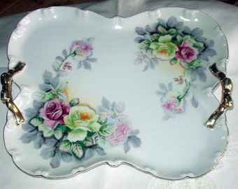 Cabbage Roses Vanity Tray Antique Porcelain Plate Butterfly Shape Handpainted Design Double Handled Bourdois and Bloch Hallmark Excellent