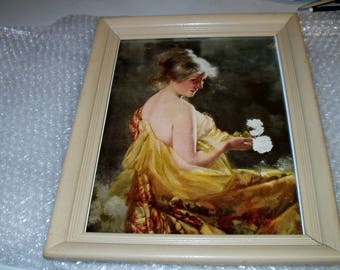 Victorian Lady Yellow Rust Gown Holding White Flowers Artist Max Levis Original Late 1800s Antique Print Framed Decor Art Picture