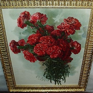 Paul de Longpre 1899 Ramo de flores de clavel rojo Título The Lawson Pink Cromolitografía original Gran marco de madera dorada de Gesso adornado antiguo