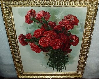 Paul de Longpre 1899 Red Carnation Flower Bouquet Title The Lawson Pink Original Chromolithograph Large Antique Ornate Gesso Gilt Wood Frame