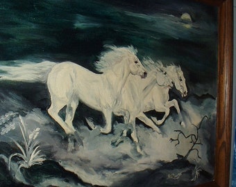 White Horses Wild Mustang Stampeding Near Waters Under Moonlight Original Oil Painting On Canvas Board Large Wood Frame