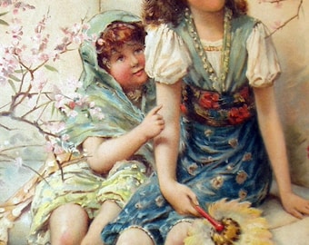 Victorian Girls Flower Garden Artist WS Coleman Pears Chromolithograph Print Cherry Blossoms Cabbage Roses Antique  Framed Picture Art Print