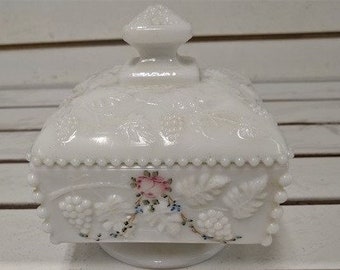 Westmoreland White Milk Glass Vanity Pedestal Dish or Candy Compote Bowl Dish Hand painted Flowers and Bows Embossed Grape Design