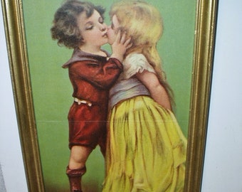 Children Victorian Boy and Girl In Love 1909 Antique Framed Lithograph Print Titled The First Kiss Art Supplement Framed Romance Print