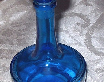 Decanter Deep Carribean Blue Vintage Glass Wine or Liquor Barware Bottle Stopper Belgium Gold Enamel Etching Design Curio Cabinet Display