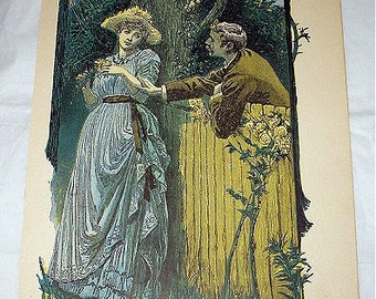 Man Romancing Victorian Lady Antique Late 1800s Coloured Engraving Book Plate Illustration Art Print Home Decor Picture