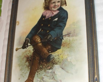 Victorian Young Boy Riding Horse Attire Yard Long Print Original 1893 Antique Chromolithograph Picture Fabulous Gold Frame Home Decor