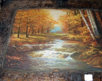 絵画 油絵 ロバートウッド 秋の風景 ロバート・ウッド署名付きキャンバス上の大きな油絵 '53, 秋の森の風景