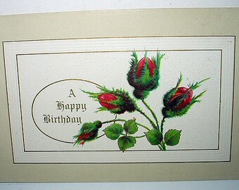 Red Rose Bud Bloemen Ansichtkaart Ongebruikte Originele 1900 Antieke Kaart Een gelukkige verjaardag