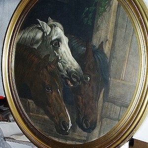 Horses Trio John Fredrick Herring Artist Rare Original 1800 Antique Hand Color Engraving Etching Large Round Wood Gold Frame J F Herring Sr