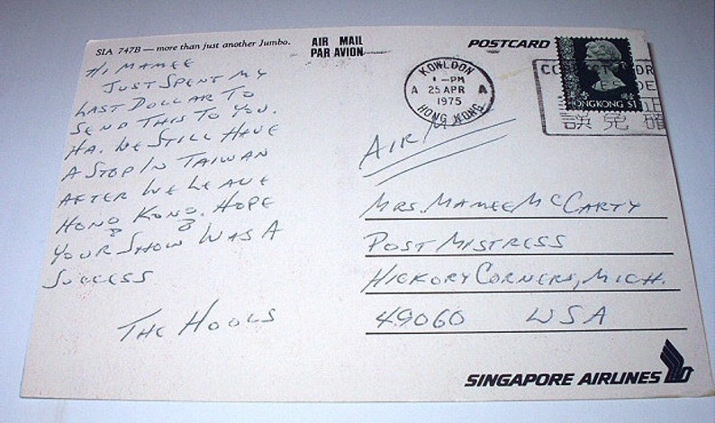 Airplane Jumbo Jet SIA 747 B Singapore Airlines Vintage Used 1975 Hong Kong Postcard