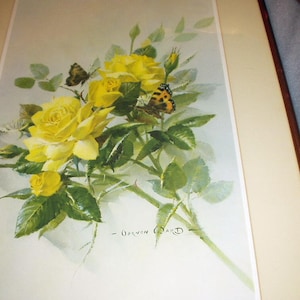 May include: A framed print of a yellow rose bouquet with two butterflies. The print is signed "Osborn Ward" in the bottom right corner.
