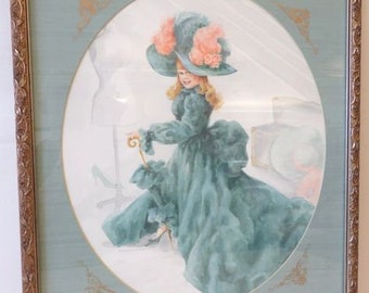 Young Girl Playing Dress Up Green Victorian Dress Hat Ostrich Feather Ruffle Parasol Umbrella WaterColor Art Artist Mary Osterday 1987 Sign