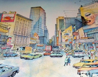 Può includere: Un dipinto ad acquerello di una scena di strada cittadina animata con edifici alti, auto e persone. La scena ricorda Times Square a New York City, con luci brillanti e cartelloni pubblicitari. Il dipinto è realizzato in uno stile realistico, con attenzione ai dettagli.