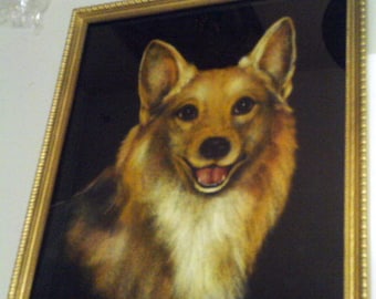 Corgi Welsh Dog Pastel Portret Originele Kunstenaar Ondertekend Vintage Art Print Gesneden Houten Halve Yard Lange Fotolijst