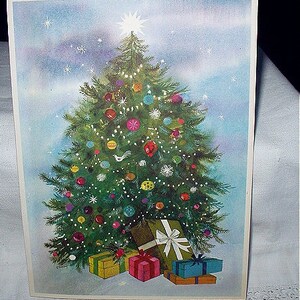 Christmas Greeting Card Decorated Tree Lots of Ornaments Presents Large Vintage Card Artist C Fleming Lithograph Art Card