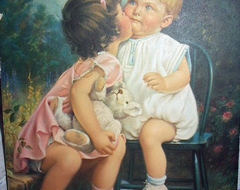 Babies Kissing Sweethearts Adorable Little Baby Girl Baby Boy Children Original 1940 Advertising Calendar Art Vintage Lithograph Print Board