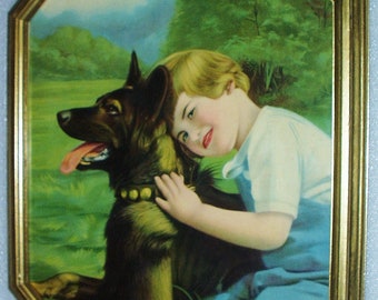 Little Boy with Dog Original 1927 Antique Chromolithograph Print Home Decor Wall Hanging