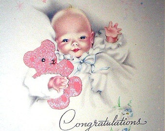 Babys Arrival Greeting Card Pink Flocked Teddy Bear Congratulations Unused Vintage Original Greeting Card Sweet