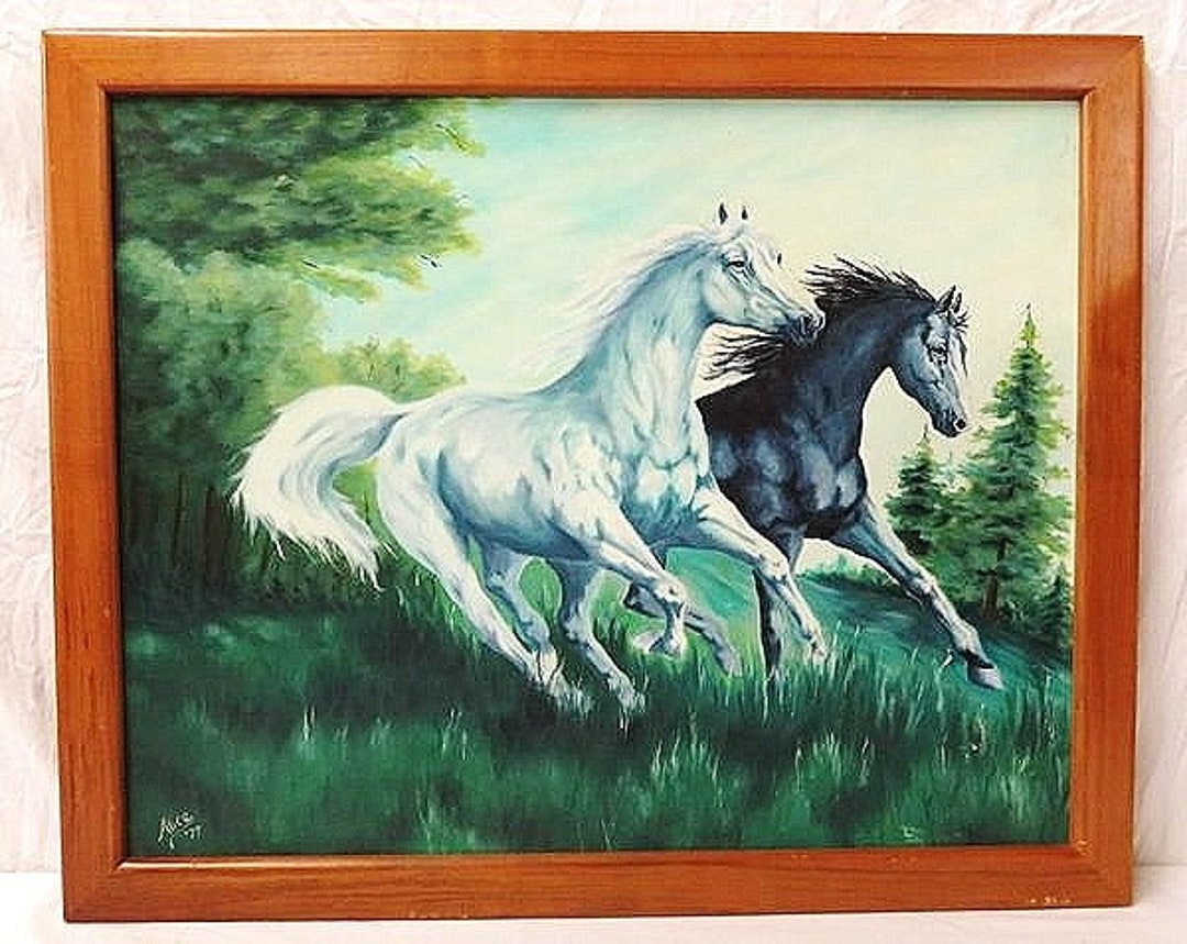 Wild Mustang Black and White Horses Running Original Oil Painting on ...