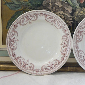 Dinner Plates Ironstone G11 Service Guirlande model Burgundy garland of flowers decor Set of 2 French transferware Table Decor 19th Century
