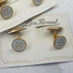 Art Deco mother of pearl cuff links toggle closure with button decor Golden Cufflinks 1930s Old stock Lion Brand 1 pair Vintage jewelry