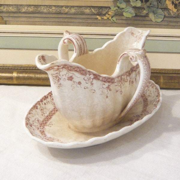 Earthenware saucer Kent English Grand Dépôt Emile Bougeois Paris Red/Brown flowers English Ironstone antique transferware Sauce Boat 1800s