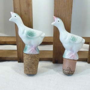 French Bottle Pourer Pair of Cork Stopper white goose-shaped Decor Set of 2 Bottle Stoppers 1930s