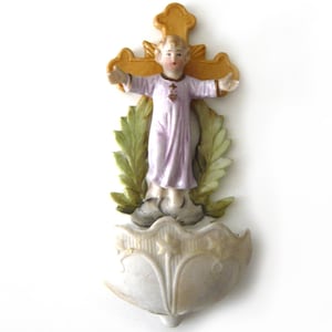 French holy water stoup Biscuit porcelain stoup with the Child Jesus and catholic cross decor Biscuit font 1930s Church ornament