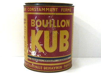 Boîte ronde en tôle lithographiée Grande boîte cylindrique de Bouillon KUB Circa 1950 H 23 cm