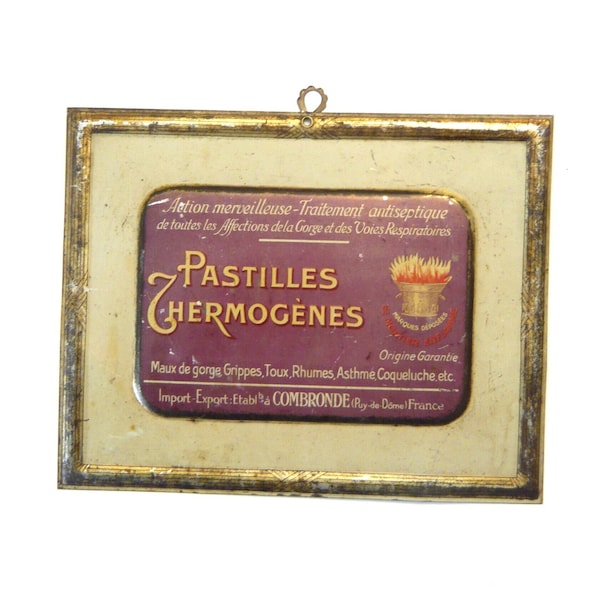 Plaque publicitaire en tôle lithographiée Pastilles Thermogènes Etablissements Combronde 1920