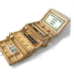 1900-1920s folding paint box Watercolor box Wooden accordion paint box with Art Nouveau Decor Artist Box and Supplies Old Watercolor set