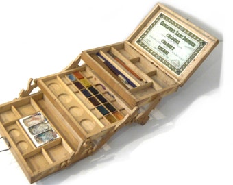 1900-1920s folding paint box Watercolor box Wooden accordion paint box with Art Nouveau Decor Artist Box and Supplies Old Watercolor set