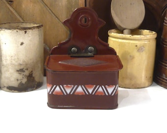 French enameled matches Box Antique match holder Kitchen decor 1900-1920s French enamelware geometric decor on a burgundy brown background