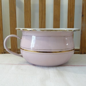 French Antique Pink and gilded Enamel Chamber Pot Enamel Flower Pot Small enamelled pot beautiful Enamel planter 1900-1920
