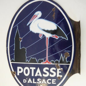 Double sided enameled sign French Enamel advertising sign Cigogne Potasse Alsacienne alsatian potash French Enameled Sign Industrial Decor