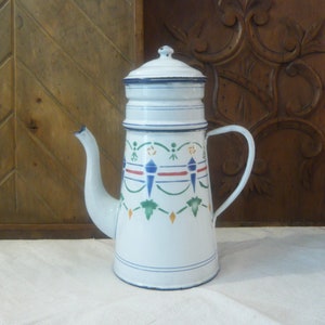 French Enamel Coffee Pot French Enamelware French multicolor decor Kitchen Decor Circa 1930-1940s