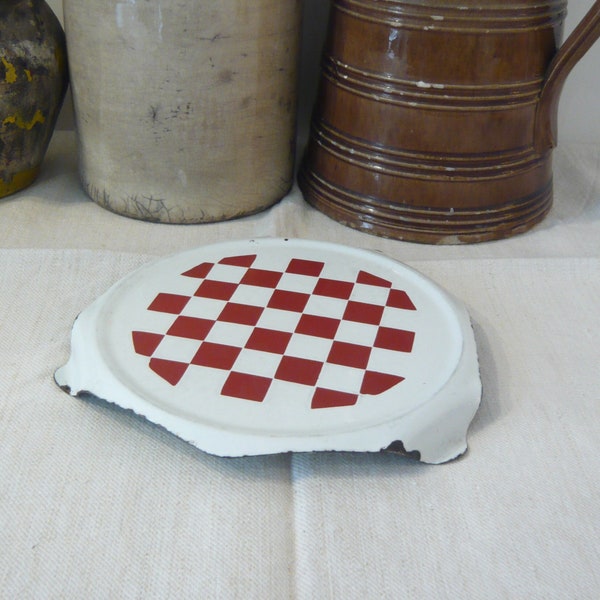 Enameled Tin Trivet Red and White Checkered Decor Lustucru Style Decor Antique Trivet 1930-1950s