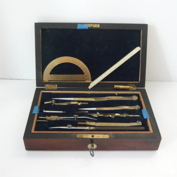 Antique Drafting Box with key Wooden Box Compass Drafting Tools Drafting wooden Box Drawing Instrument Set End 19th French drawing tools