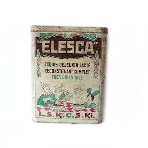Large lithographed Tin Box Elesca from 1910-1920s Industrial decor H 30,5 cm