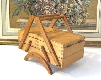 French Vintage Wooden Sewing Box Small Accordion Sewing Box Jewelry Box or Craft Supplies Storage Box 1950s