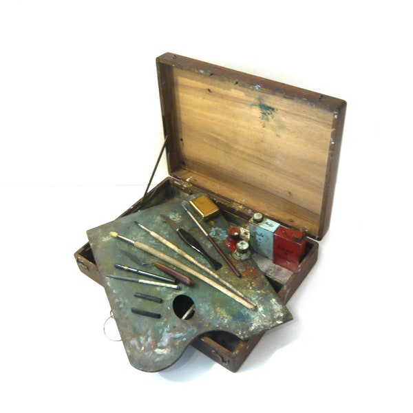 Antique Paint Box with Key and Palette Artist Box Art Supplies Large Wooden Drawing Painting Calligraphy 1900-1920s